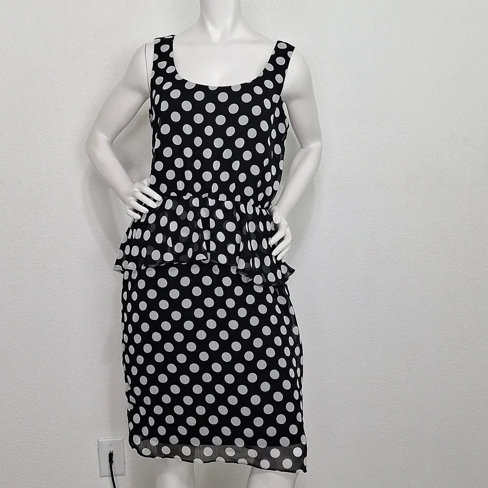 MSK Black White Retro Polka Dot Pin Up Peplum Rockabilly 1950's Style Dress Sz.6